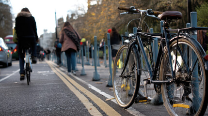 A vintage bicycle is parked on the street near other bikes and people walking with the road lined with cars and trees on a pleasant afternoon outdoors.