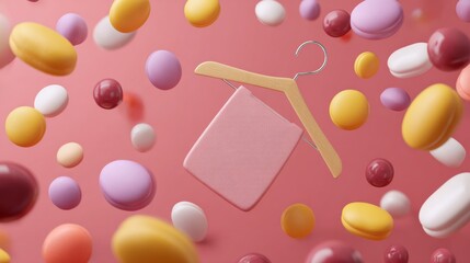 Pink background with floating pills and hanger symbol for pharmaceutical shopping concept ecommerce healthcare branding product marketing visual setup