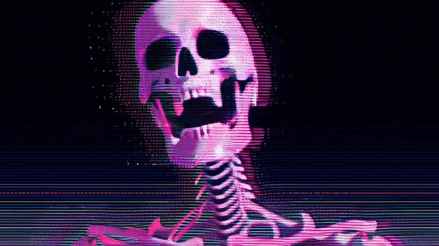 Glitch skeleton overlay with neon pink pixel distortion and CRT scanlines, digital noise for motion graphics, screen mode, horror glitch effect