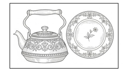 Elegant antique kettle and decorative floral plate presented in detailed black and white etching style for vintage design projects