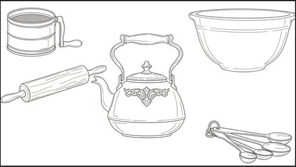 Charming vintage baking tools line art featuring a flour sifter rolling pin kettle and measuring spoons for cozy recipes