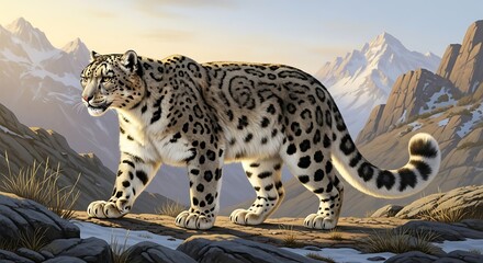 Snow Leopard in Mountainous Terrain - A Majestic Wildlife Illustration.