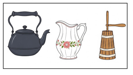 Charming collection of vintage kitchenware featuring a dark kettle, floral pitcher, and rustic wooden butter churn
