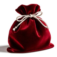 A red velvet drawstring bag sits upright on a plain white background.