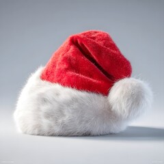 A red and white Santa hat rests on a plain light-colored surface.