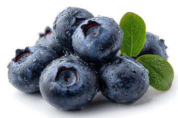 Several fresh blueberries rest together with small green leaves on a white background.