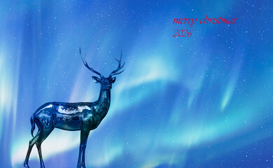 Copper-plated shiny dee, Aurora borealis in the background- Christmas decoration on abstract background 2026