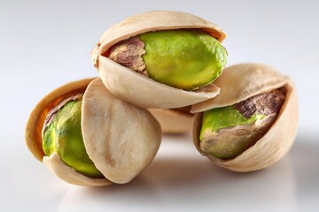 Three pistachio nuts sit stacked together with their shells partially open.