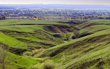 A ravine in the steppe in early spring, soil destruction