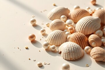 Several seashells and scattered pearls rest on a smooth, sunlit surface.