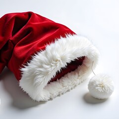 A red Santa hat with white fur trim lies on a white surface.