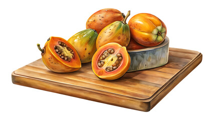 Fresh ripe tropical papayas, whole and halved, on wooden cutting board