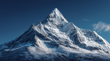 A majestic snow capped mountain peak rises against a clear deep blue sky, its jagged ridges and steep slopes creating an awe inspi natural landscape scene.