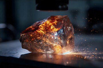 A glowing, rough gemstone is being cut by a high?precision machine in a workshop.