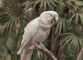 White parrot sitting on a branch. Majestic bird in a tropical forest environment. Wildlife and nature concept for educational material.