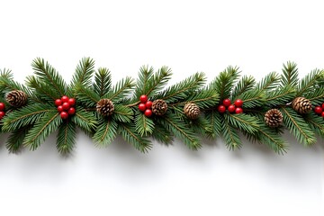 A Christmas garland of pine branches with red berries and pine cones lies on a white background.
