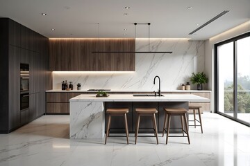 A modern minimalist kitchen features a large marble island with wooden bar stools and floor-to-ceiling windows.