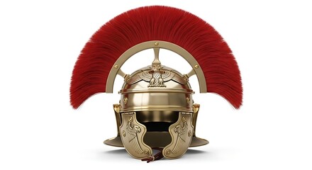 Roman Centurion Helmet with Red Crest Isolated on White Background.