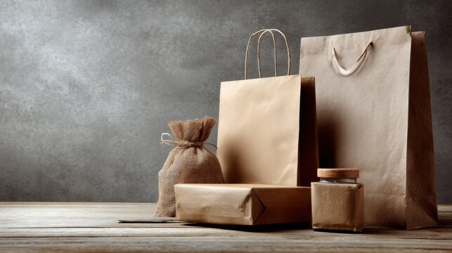 Brown shopping bags with packaging on rustic background for ecommerce product branding photography lifestyle retail composition mockup