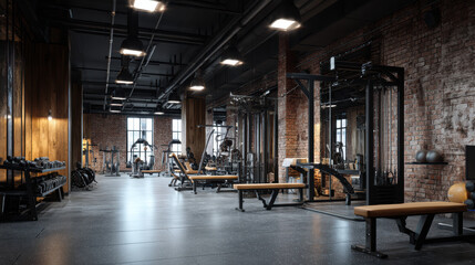 An inviting industrial style gym showcases various exercise machines and weights beneath exposed brick and dark metal accents, offe a motivating workout space.