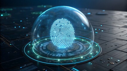 A glowing fingerprint under a protective dome, representing digital security, biometric technology, and secure access in a futuristic setting