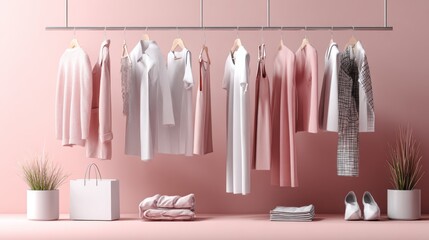 Fashion display with hanging white clothes and plants on pink background for ecommerce branding lifestyle product photography stylish setup