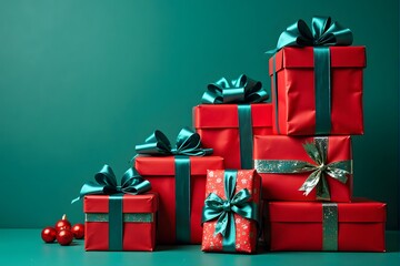 Several neatly stacked red gift boxes with teal ribbons sit against a teal background.