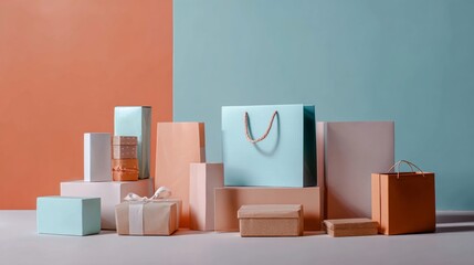 Pastel background with paper bags and boxes for ecommerce branding lifestyle product photography packaging composition colorful retail display
