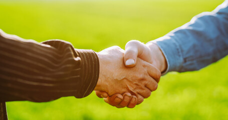 Close-up of two farmers shaking hands against backdrop of wheat field in rays of sunset. Two...
