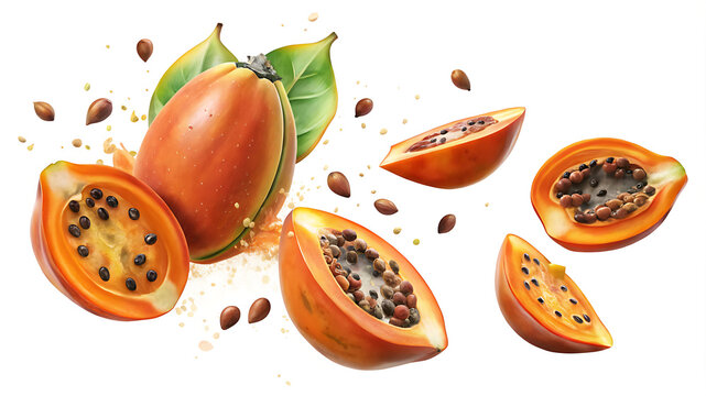 Exotic babaco fruit, whole and sliced, with seeds and splash on white