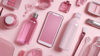 Pink beauty cosmetic products with smartphone flatlay for ecommerce branding lifestyle product photography feminine display scene mockup composition