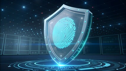 Shield with fingerprint scan for secure access and data protection, biometric identification system, digital security technology concept, 3d rendering