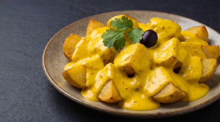 Papa a la huanca&iacute;na, a delicious Peruvian dish with boiled potatoes, egg, and olives. Traditional food