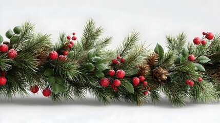 Green pine branches with red berries and pine cones form a festive Christmas garland on a light background.