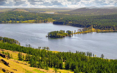 beautiful view of Lake Kalkan in the mountains of the Southern Urals on a summer day