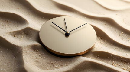 a clock with dial and needles lying on sand