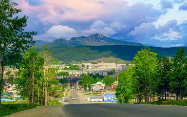 the city of Beloretsk against the backdrop of Mount Malinovaya in the Southern Urals in the Republic of Bashkortostan