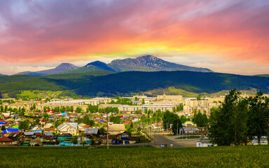 the city of Beloretsk against the backdrop of Mount Malinovaya in the Southern Urals in the Republic of Bashkortostan