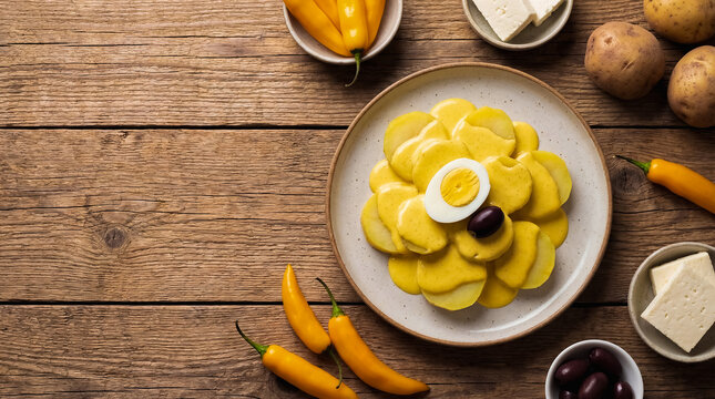 Papa a la huanca&iacute;na, a delicious Peruvian dish with boiled potatoes, egg, and olives. Traditional food