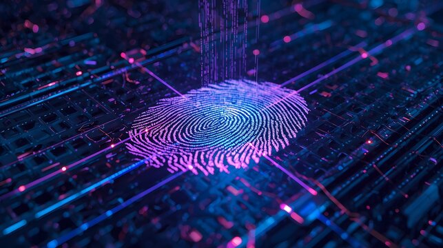Futuristic fingerprint scanning technology with digital data stream, biometric identification, cybersecurity, and access control on a circuit board background - Powered by Adobe