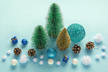 Christmas decorations. Colorful Christmas baubles. Copy space