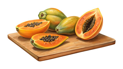 Fresh ripe papayas, whole and sliced, displaying seeds on a wooden board