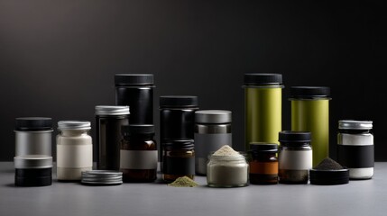 Black cosmetic jars and bottles on dark background for skincare grooming product branding photography packaging composition minimalist design