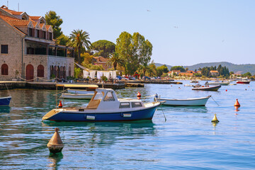 Beautiful summer Mediterranean landscape. Montenegro, Tivat. View of Bay of Kotor and Donja Lastva village