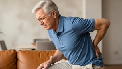Obraz premium Elderly caucasian male experiencing lower back pain in a home setting