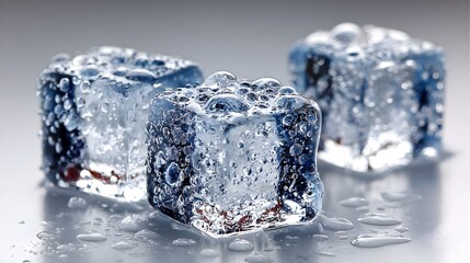 Three melting ice cubes glisten with water droplets on a smooth surface.