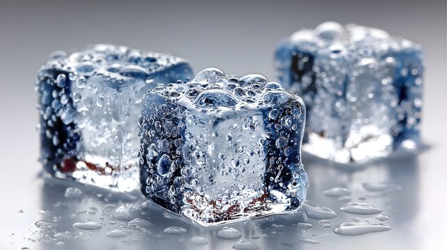 Three melting ice cubes glisten with water droplets on a smooth surface. - Powered by Adobe