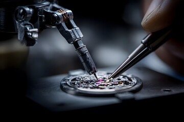 A watchmaker carefully assembles the intricate inner mechanism of a wristwatch under magnification.