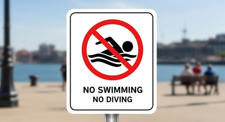 No Swimming No Diving Sign at Waterfront with Cityscape Backdrop.
