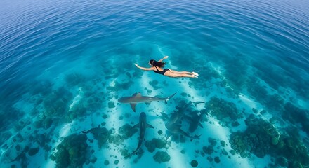 Woman Swims Serene with Sharks in Crystal Clear Turquoise Ocean Waters
